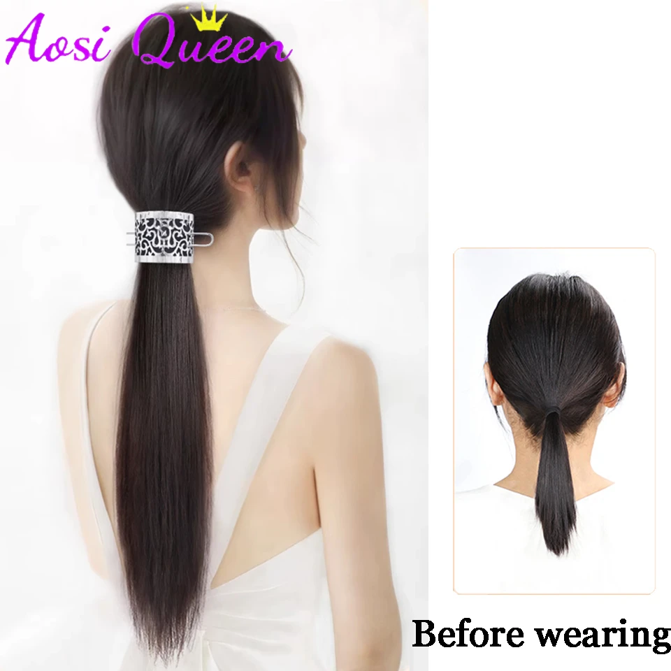 AOSI Synthetic Ponytail Ladies Chinese Silver Hollowed-out Hairpin Long Straight Ponytail Extensions for Women