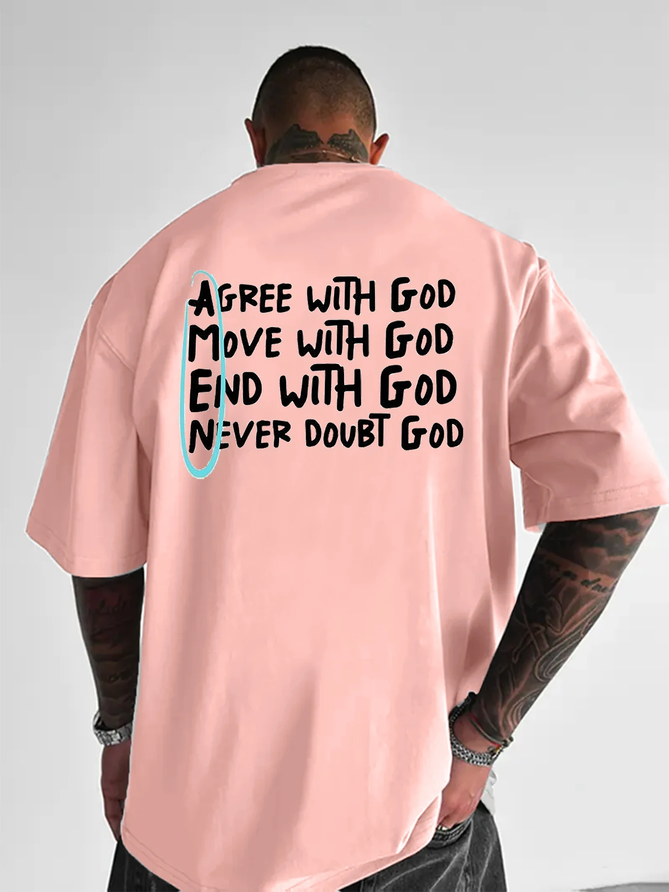 Oversized Men Crew Neck T-Shirt, Agree With God Faith Letter Slogan Back Graphic Print Short Sleeve Casual Streetwear Tee