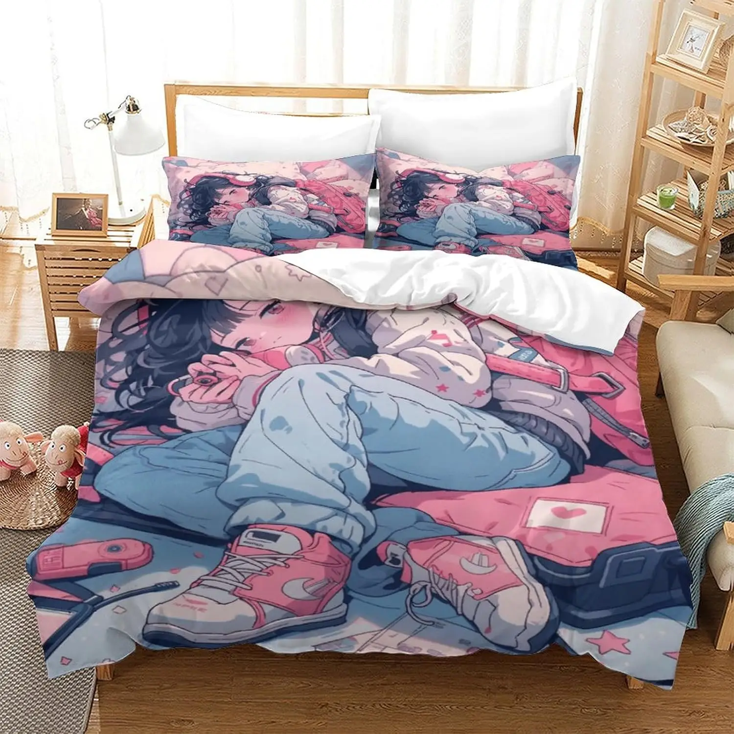 Anime Teenage Girl Bedding Set King Size 220x240cm 3pcs 3D Printed Microfiber Duvet Cover Set Cartoon Quilt Comforter Cover