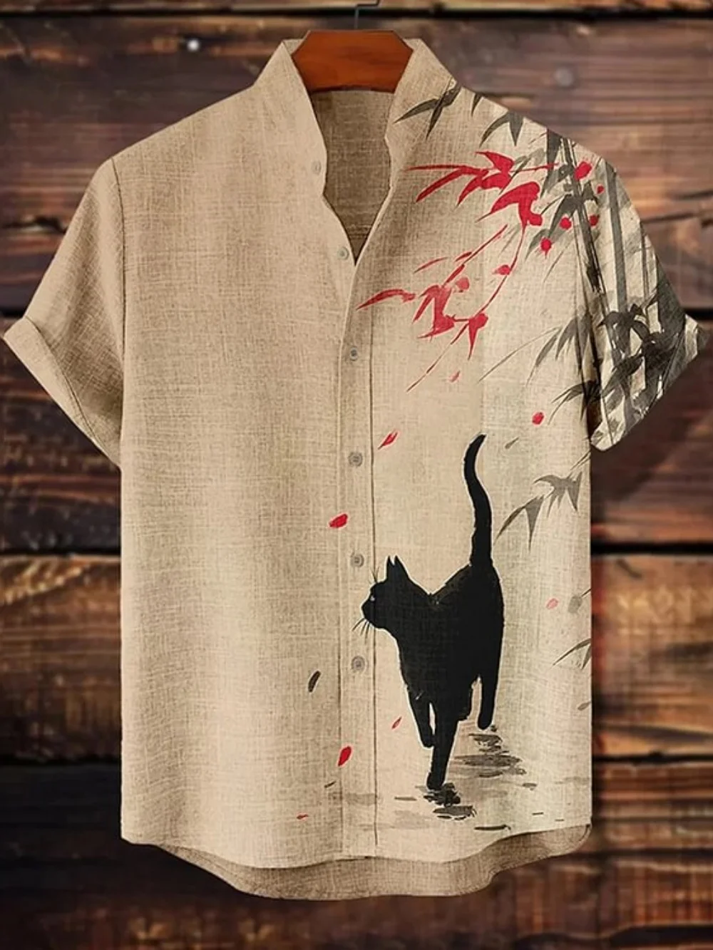 Summer 2025 Men's Stand up Collar Cardigan Short Sleeve Japanese Retro Art Black Cat Printed Shirt Fast Shipping
