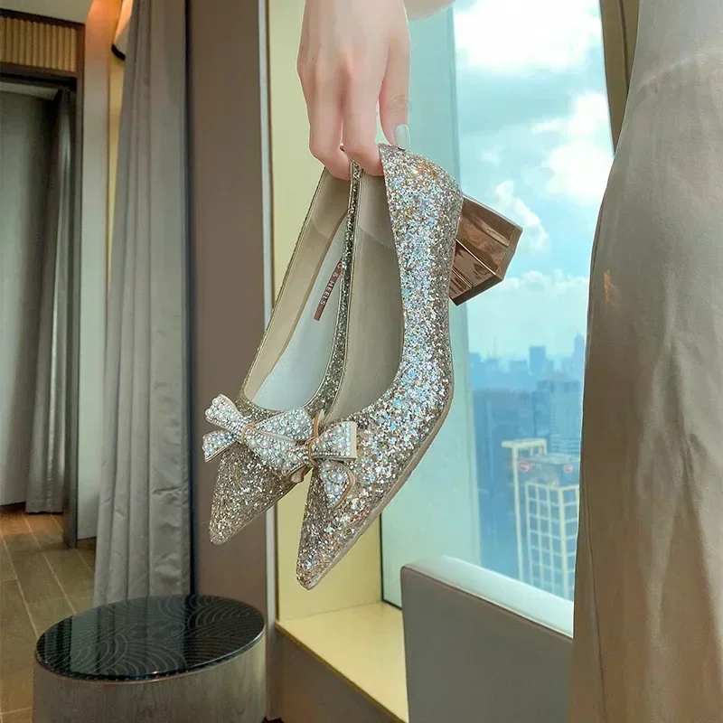 5cm New Fashion Sequins with Bow Sexy Low Heels Banquet Party Women Silver Shoes 41 42 43