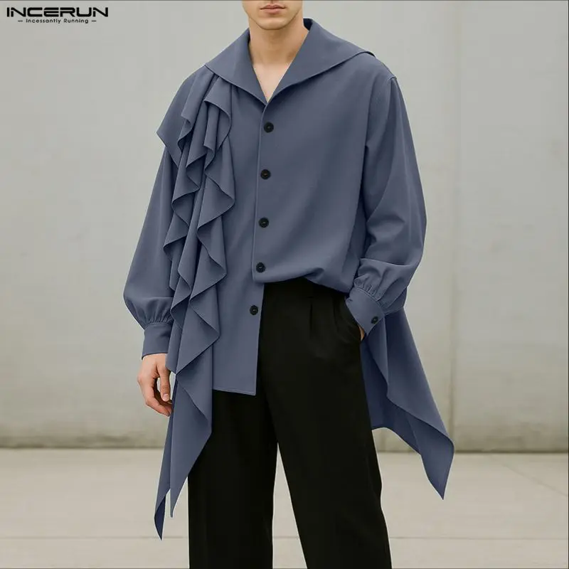 INCERUN Men Irregular Shirt Solid Color Lapel Long Sleeve Ruffle Men Clothing Streetwear Loose 2025 Fashion Casual Shirts Camisa