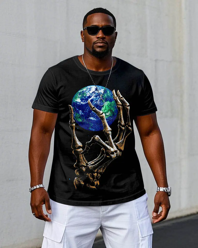 S-9XL Plus Size Men's Religious & Skull Earth Print T-Shirt Big Size Casual Streetwear Short Sleeve Tops