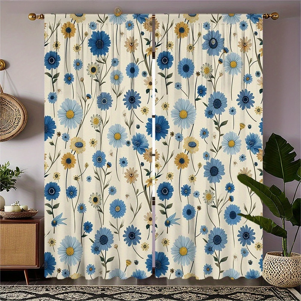 

2pc Blue and yellow floral pattern curtains, made of polyester fabric machine washable, suitable for living room, bedroom study