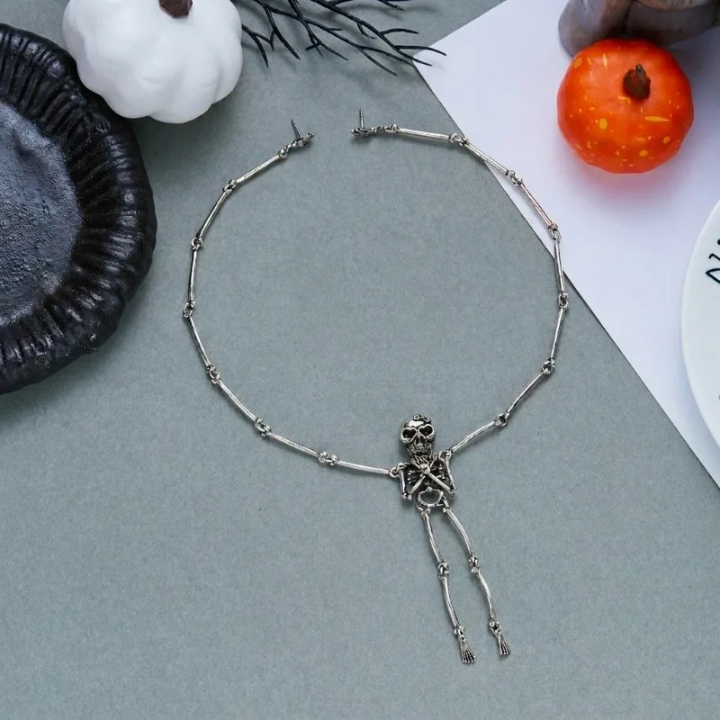 DOO MEI Gothic Skeleton Necklace To Earring Connected Chain for Women Unique Design Skull Necklace Halloween Multi Wear Jewelry