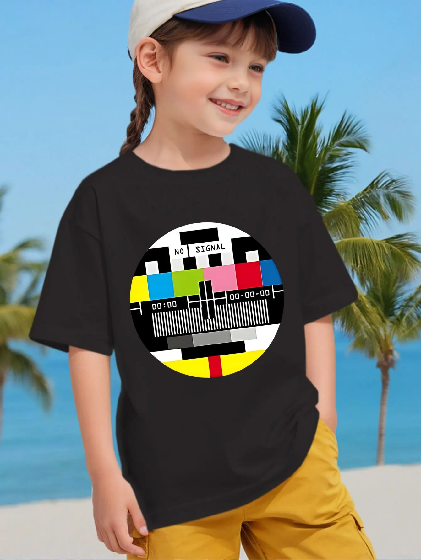 No Signal Tv Test Kids Tee Retro Media Graphic Print Boys Girls Family Matching Cotton Summer Short Sleeve Basic Children Tshirt