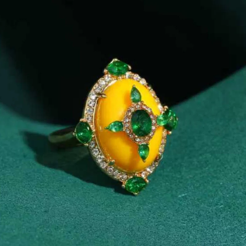 

Vintage Beeswax Ring Jewelry Green Natural Rhinestone Decoration Chinese Traditional Luxury For Women 2026 New Tendency Party