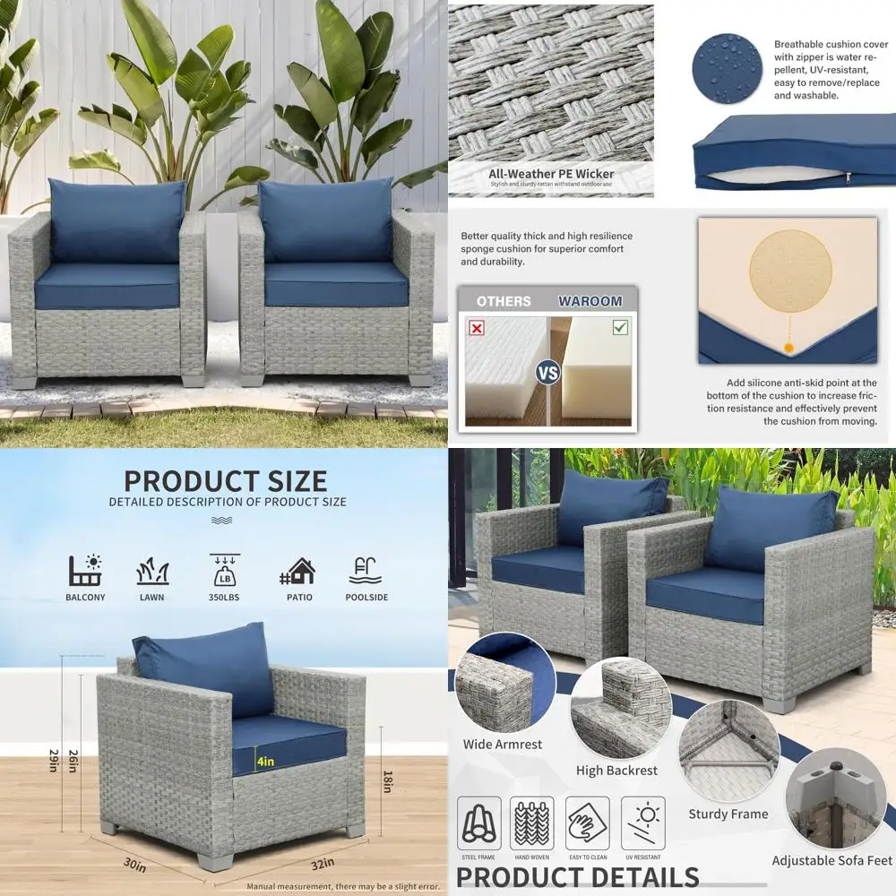 Outdoor Wicker Patio Chair Set of 2, Grey Rattan Deep Seating Armchairs for Porch, Balcony, and Garden Furniture