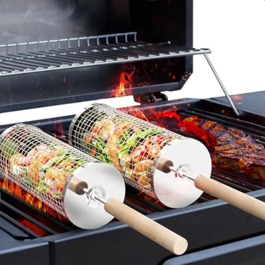 

Rolling Grill Baskets 2PCS Removable Wooden Handle 304 Stainl Steel Nesting Grilling Net BBQ Accories Tools for Vegetable Shrim