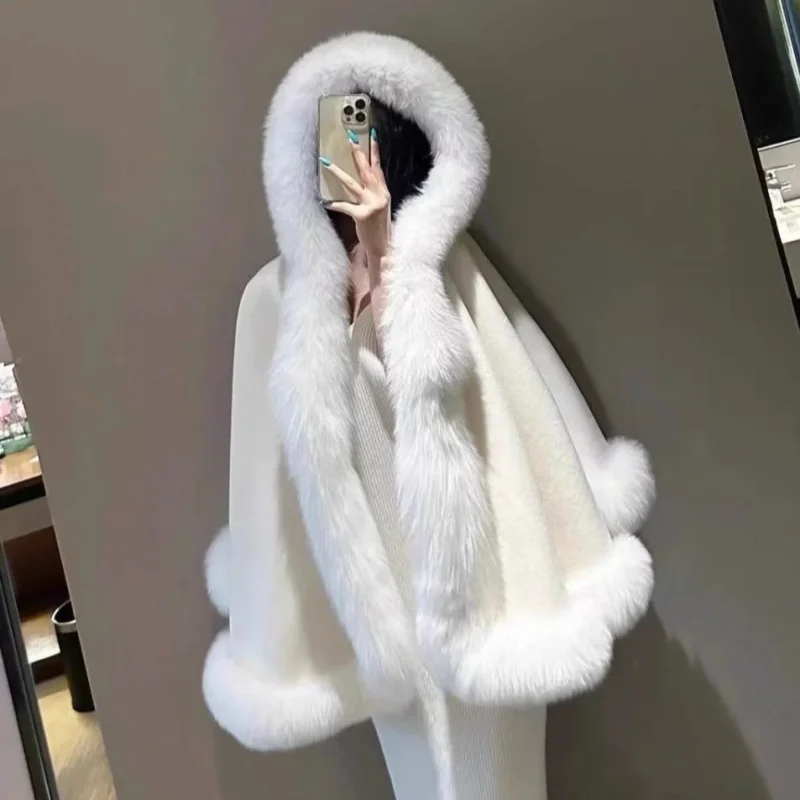 Luxury Faux Mink Fur Collar Hooded Cape Coat Imitation Fox Hair Fluffy Jacket Shawl Jacket Flocking Cloak Cardigan Poncho Tops