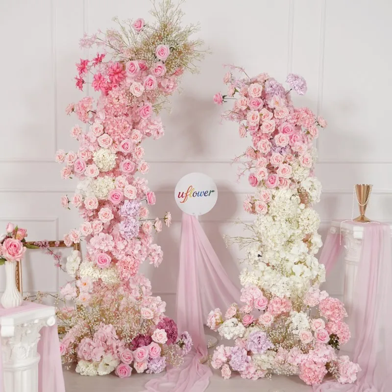 

Luxury Pink White Rose Hydrangea Wedding Backdrop Horn Arch Decor Arrangement High Quality Stand Arch Artificial Flowers Row