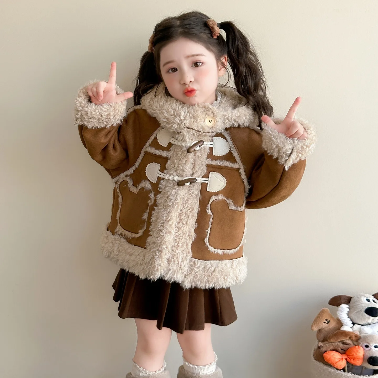 

Winter Children Girls Woolen Coat Cotton Bear Pockets Fleece Kids Babys Girls Jackets Hooded Warm Thicken Toddler Girl Outerwear