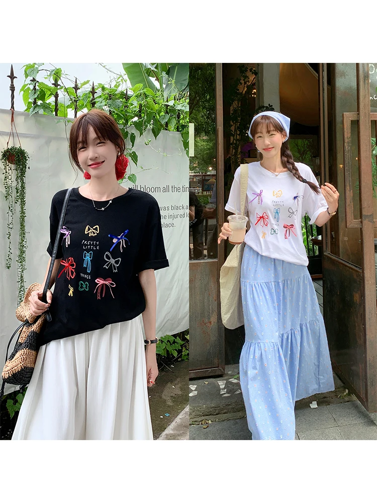 

Knot Pure Color ort Sve T-irt Women's Loose Fit round Ne Summer New Sle Korean Sle Slimming Top