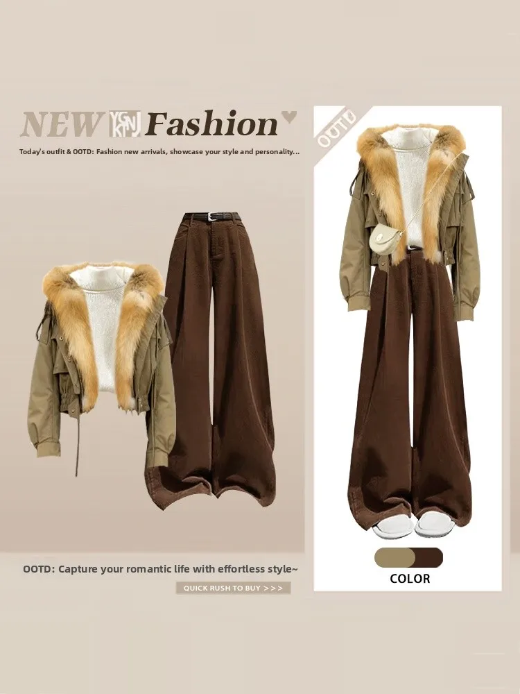 

Women's Casual Cotton Parka Coat with Large Fur Collar Winter Bottoming Wide Leg Pants Three Piece Set Short Sleeve Long Pant...