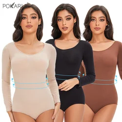 POKARLA Spandex Elastic Body Suit Shapewear Women Body Shaper Tummy Control Long Sleeve Open Crotch Round Neck Seamless Shapers