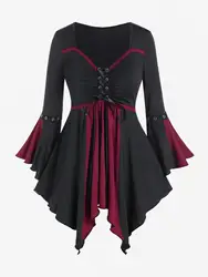 Plus Size Gothic T-Shirt Flare Sleeves Lace Up Two Tone Handkerchief Tops Women Spring,Fall,Winter Streetwear Tees 5XL