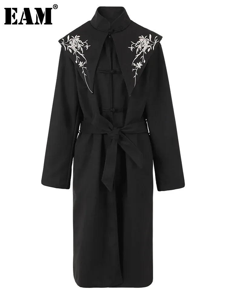 [EAM] Black Embroidery Big Size Long Woolen Coat New Stand Collar Long Sleeve Women Jacket Fashion Autumn Winter 2025 CPG1080