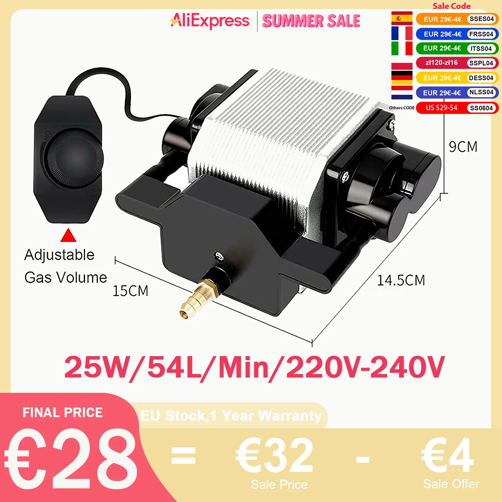 JUICEASE-Pompe à oxygène pour la gravure laser, compresseur d'air, précieux poisson, vitesse réglable, assistance à l'air, 25W, 220 V-240V, 54L par minute