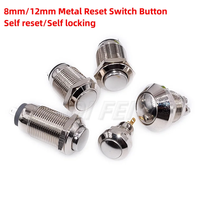 1PCS 8mm/12mm Waterproof Metal Reset Switch Self-lock Button Doorbell Access Control Car Modification Silver Contact Connector