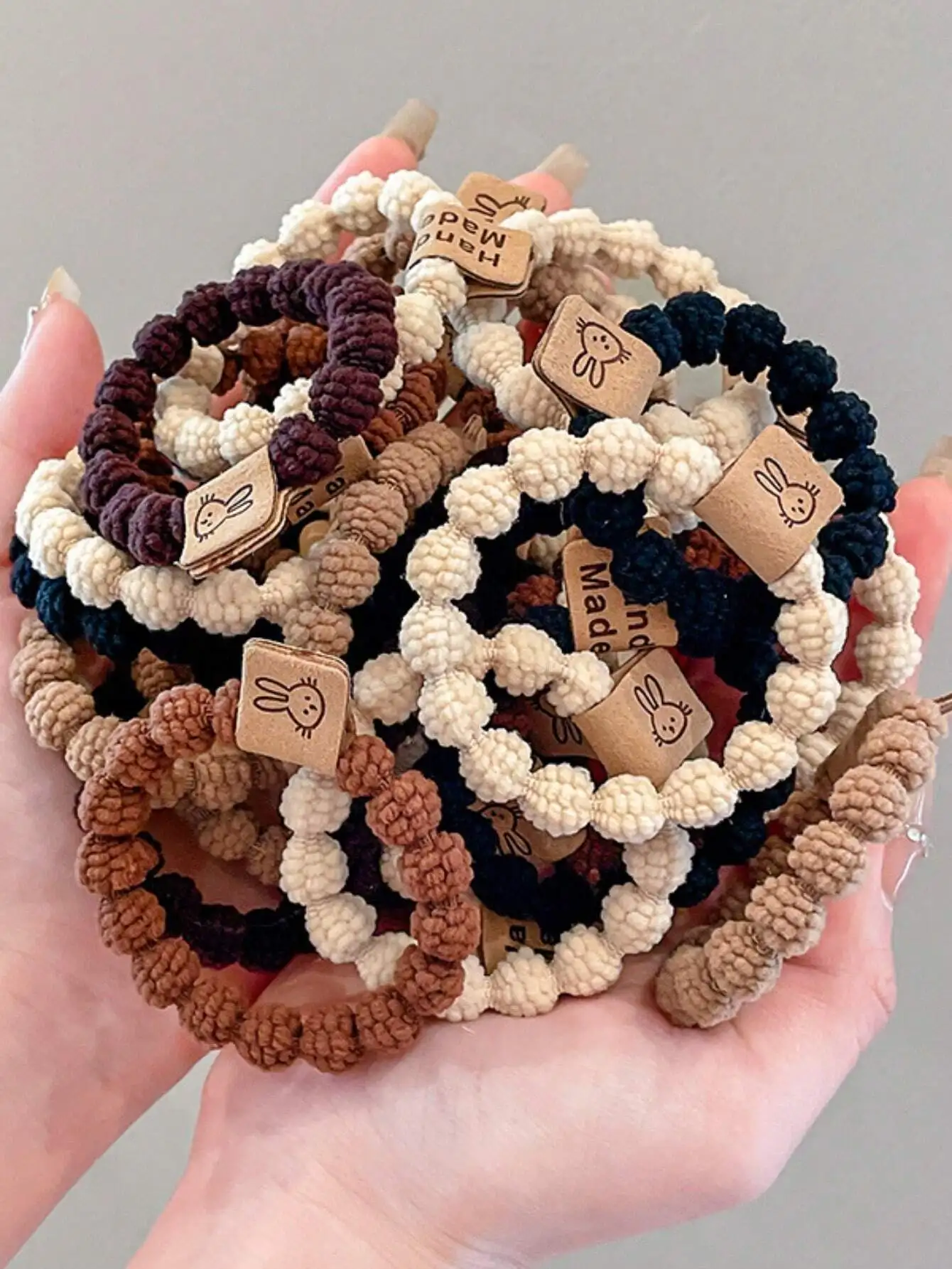 

10pcs Stretchy Knotted Hair Ties with Wooden Tag, Neutral Tones for Daily Wear