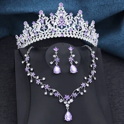 Purple Tiara Flower Bridal Jewelry Sets for Women 3Pcs Tiaras and Necklace Earrings set Wedding Crown Brides Costume Accessories