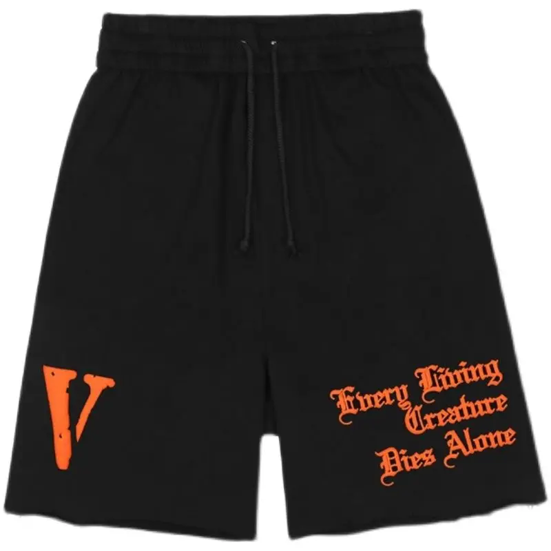 VLONE Men's New Big V Sanskrit Printed Cotton Sweatpants Loose Shorts Five-point Pants Versatile