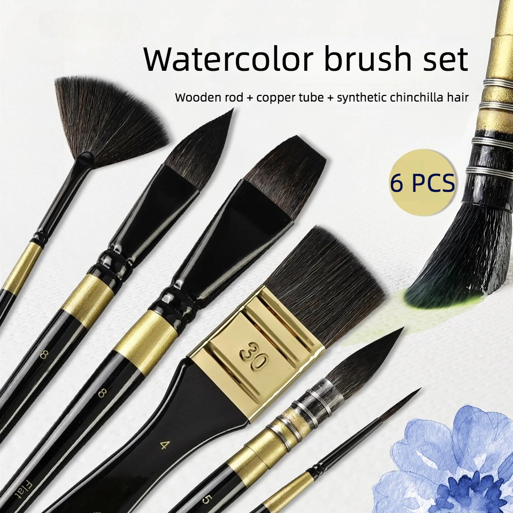 Imitation Gray Mouse Hair Watercolor Painting Brush 6 Pcs Set Black Short Rod Animal Hair Gouache Painting Pen Art Special Brush