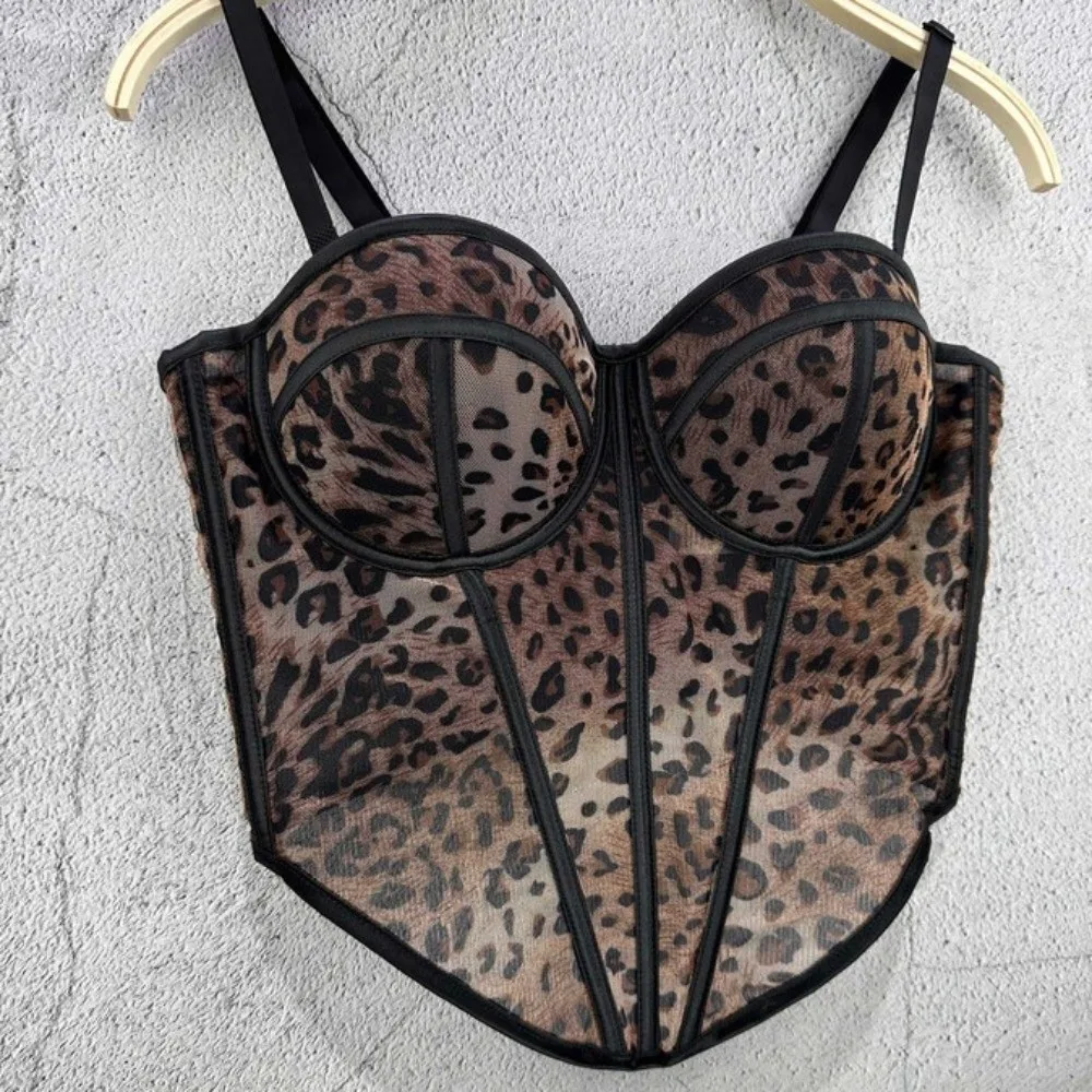 Slim Fit Leopard Print Fishbone Camisole Buckle Sleeveless Suspender Vest Tanks with Padded Cups Crop Tops Spring Summer