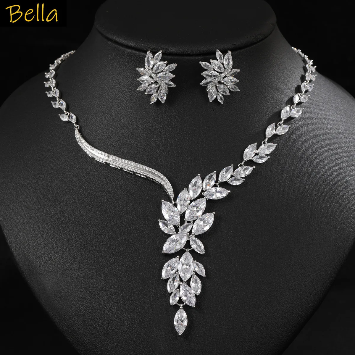 

luxury zirconia jewelry set necklace earrings leaf plant pendant yellow white green blue red zircon women jewelry sets party