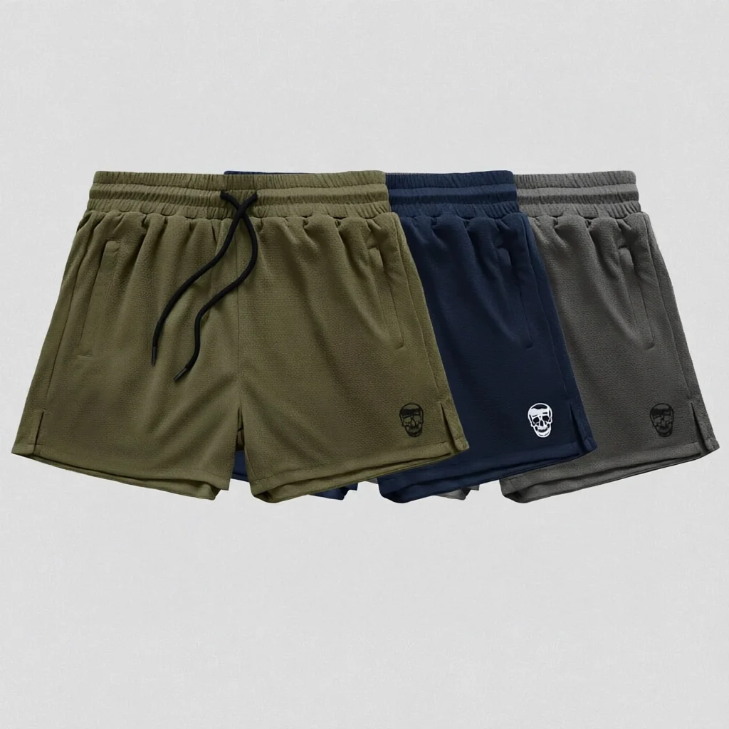 2026 New Men Black Gym Shorts Skull Logo Quick Dry Breathable Mesh Sport Shorts Drawstring Workout Running Shorts with Side Pock