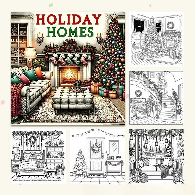 

Luxury Holiday Homes Coloring Book 24 Pages Beautiful Festive Interiors Art Therapy Relaxing Creative Gift