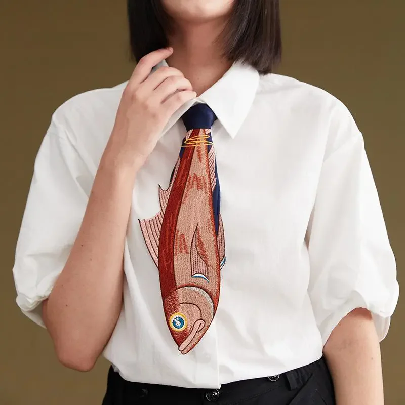 Fun Cute Style Fine Embroidered Salted Fish Necktie UNISEX Irregular Fun Hanging Salted Fish Embroidery Spliced Tie Accessory