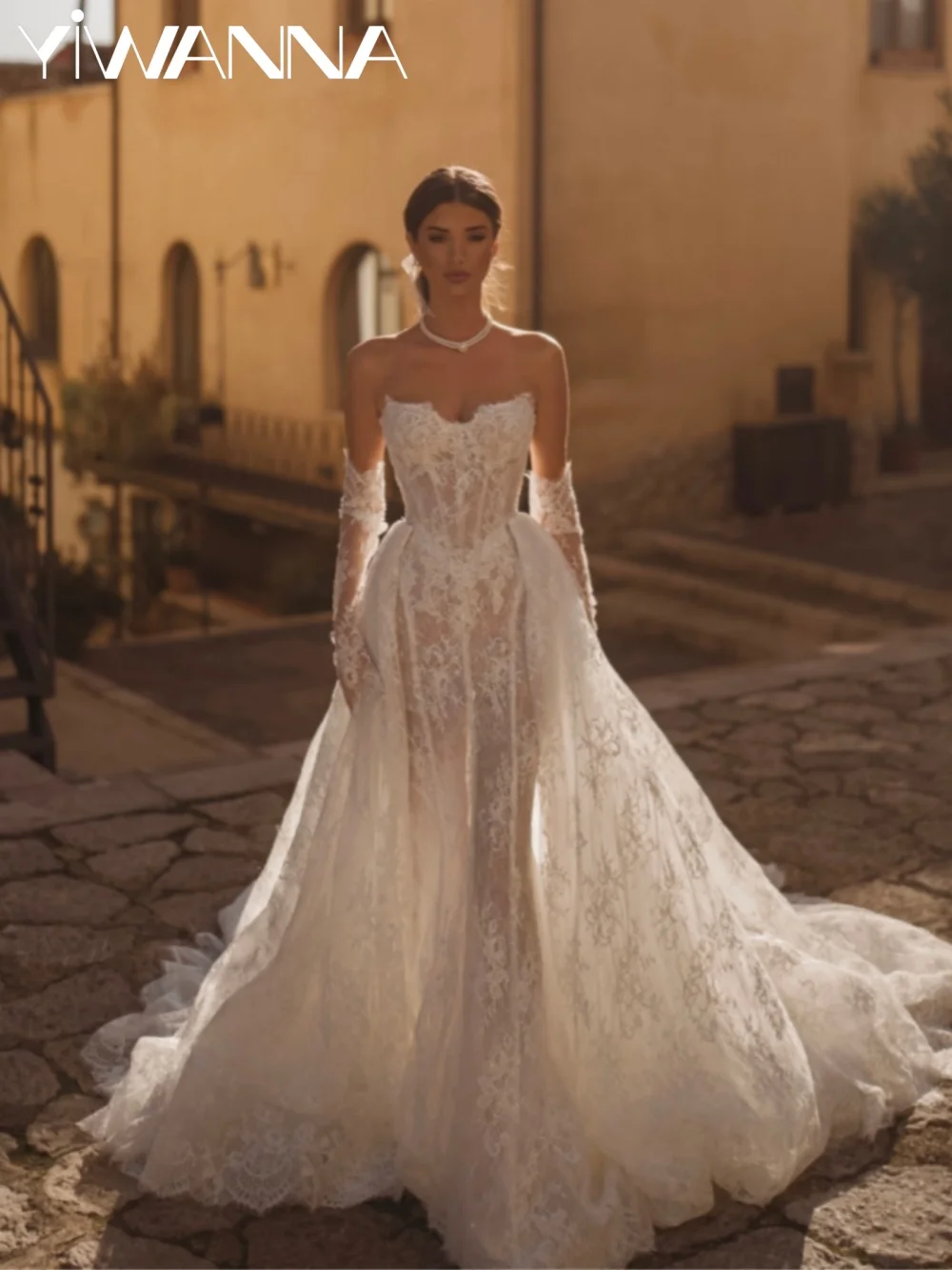 

Dazzling Beaded Lace Wedding Dress Without Gloves Detachable Train IllusionBridal Gown New Customized Dresses For Bride