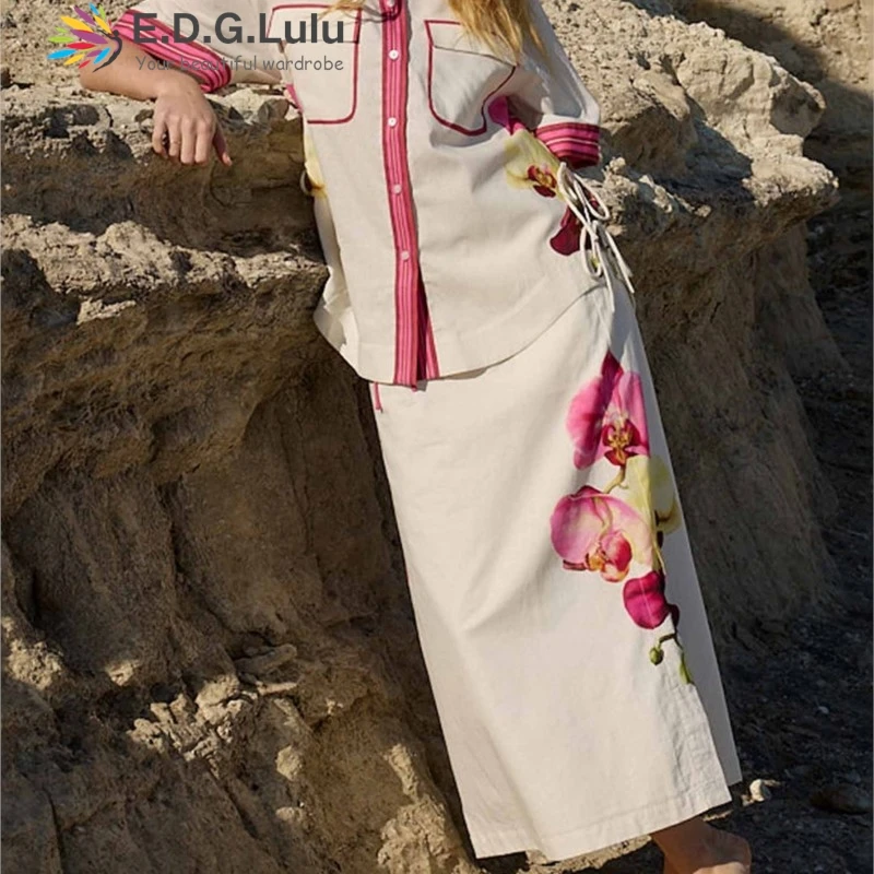 EDGLuLu Turn-Down Collar Short-Sleeved Top+High Waisted Long Skirt Leisure Loose Print Set Outfits For Woman 2 Piece Set 0429