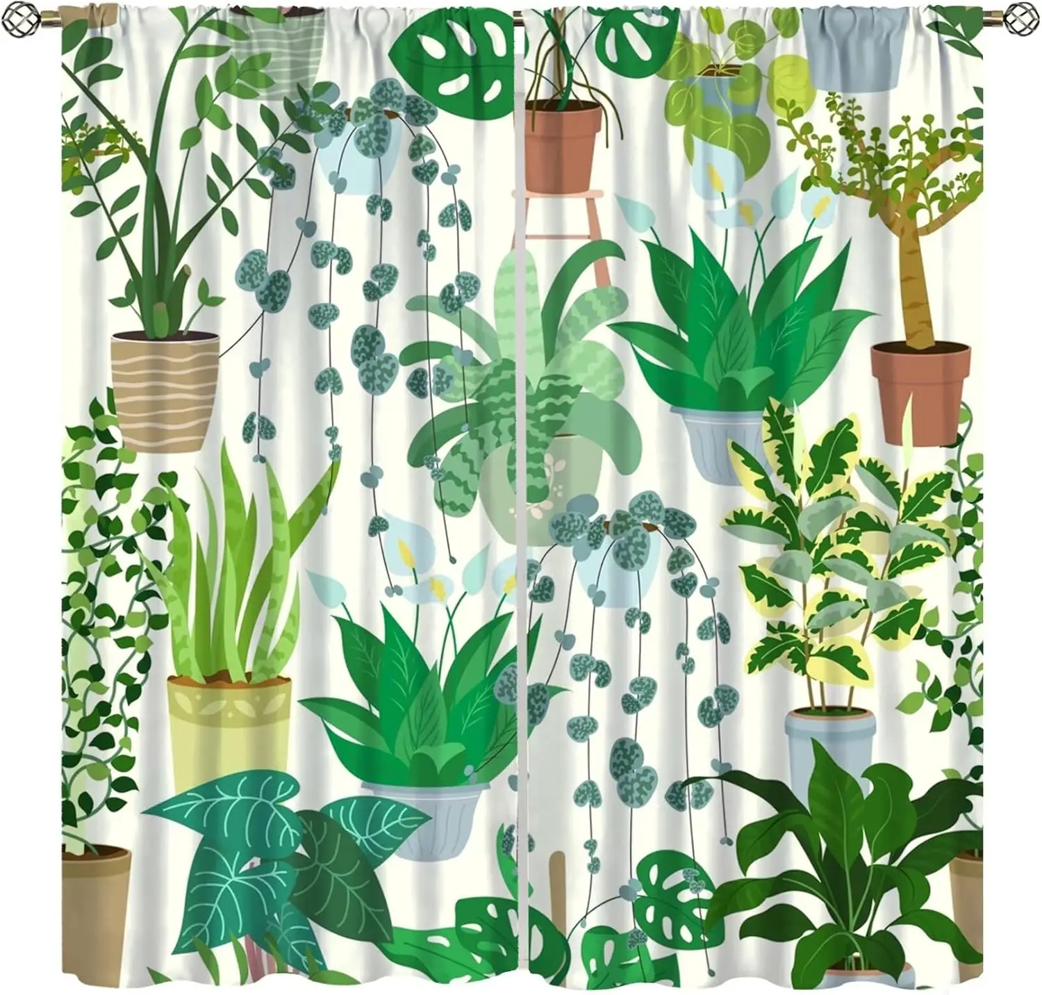 Plants Window Curtains，Green Leaves Potted Floral Cactus Flower Natural Art Print for Living Room Bedroom Kitchen Window Drapes