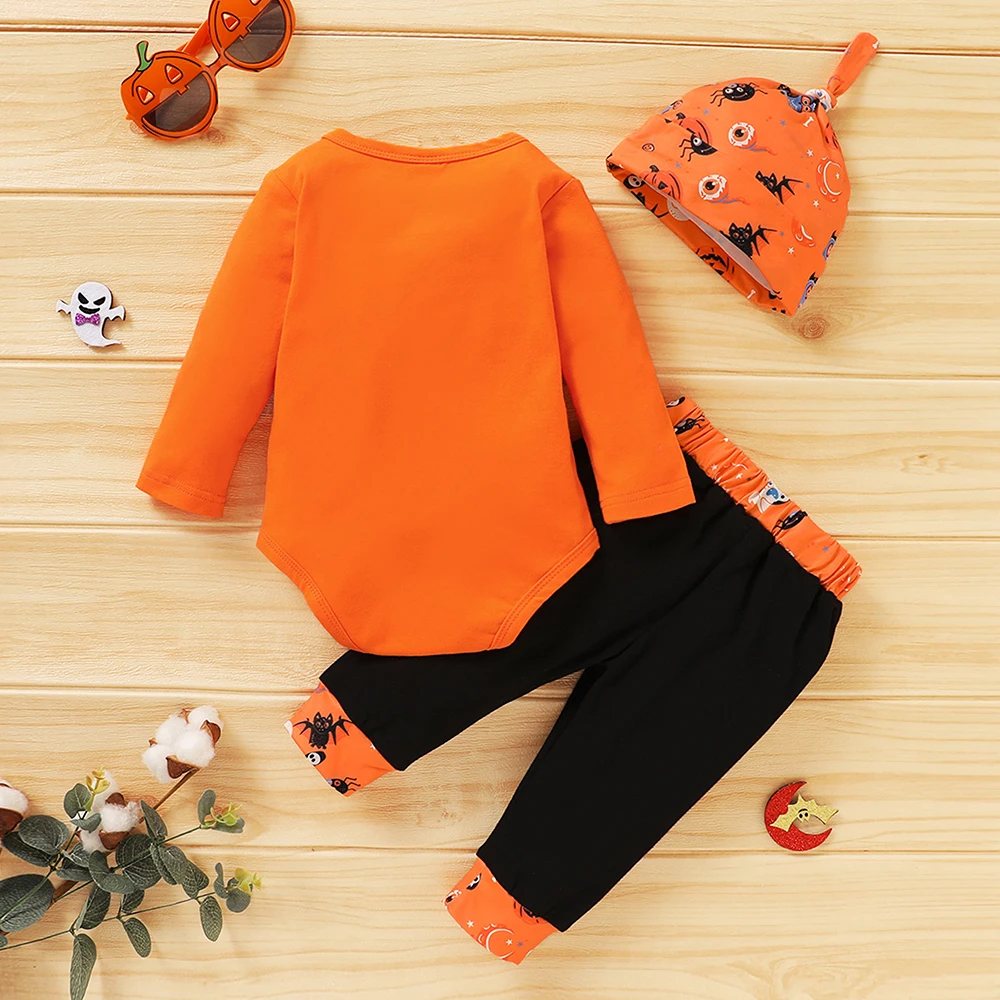 My First Halloween Baby Boys Girls 3pcs Outfits Fall Letter Print Long Sleeve Romper+Pants+Hat Festival Costumes Unisex Jumpsuit