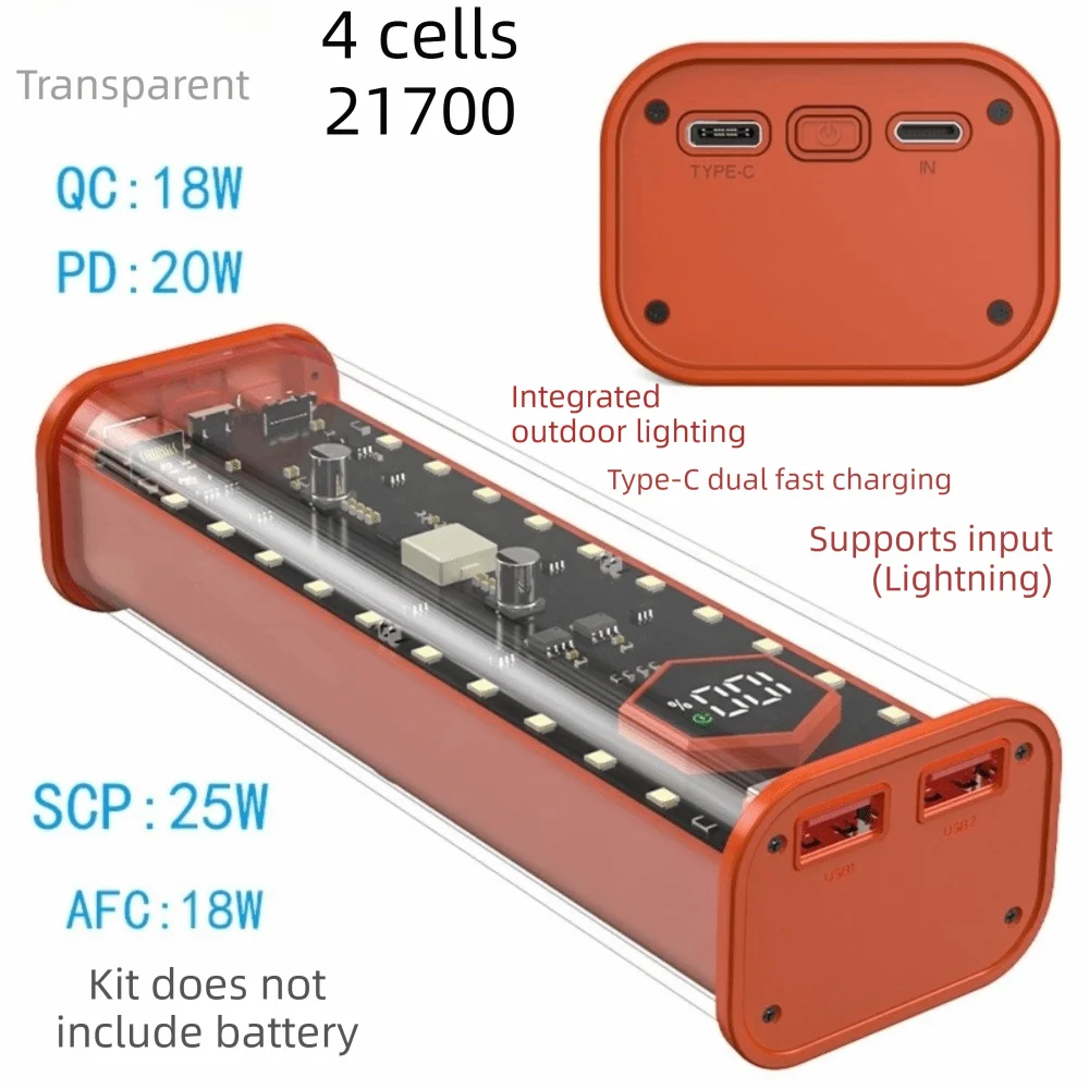 4X21700 Support DIY Power Bank Case PD20W Fast Charging Transparent Design 21700 Battery Case LED Display Screen