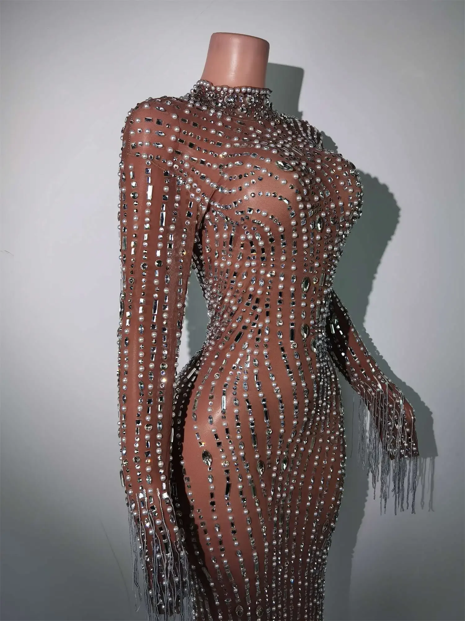 Vestido de LICRA con diamantes de imitación plateados para mujer, traje largo para celebración de cumpleaños, ropa de cantante, Bar, baile de graduación, actuación en escenario, 2024