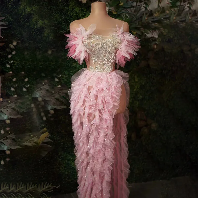 مثير الوردي شبكة 2 قطعة مجموعة أنيقة الدانتيل الترتر تنورة حفلة موسيقية بلا أكمام فستان الملكة المغني الرقص مرحلة العرض ازياء ملهى ليلي