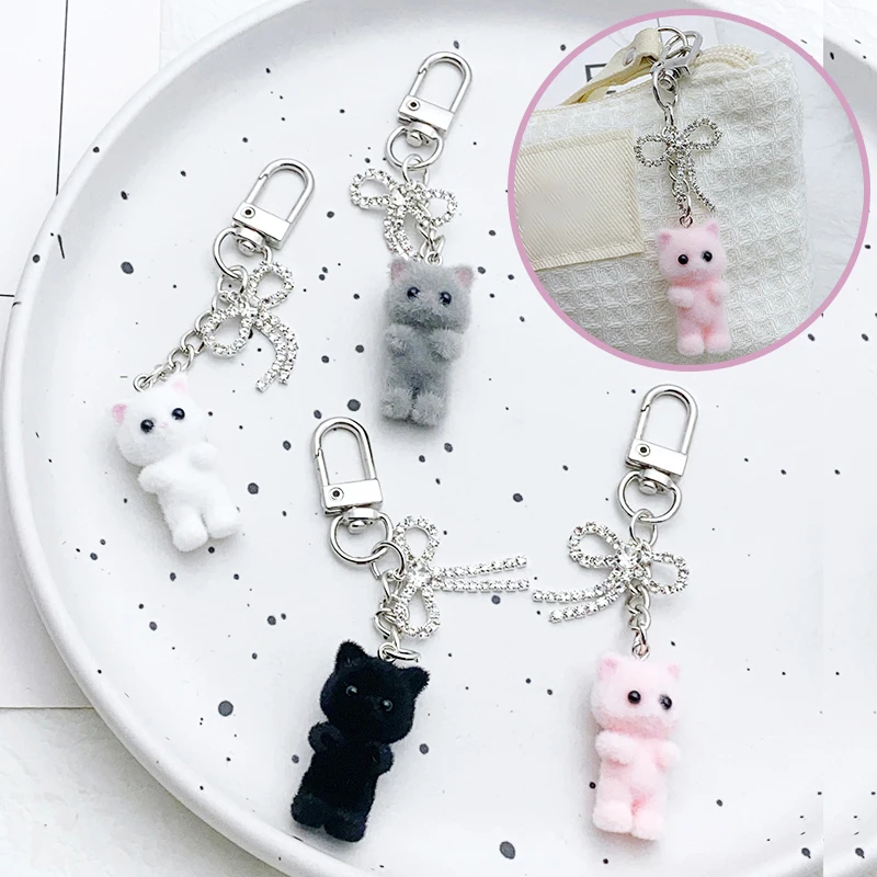 Cute Flocked Kitten Bow Keychain Mobile Phone Chain Anti-Lost Lanyard Earphone Camera Pendant Backpack Decoration Accessories