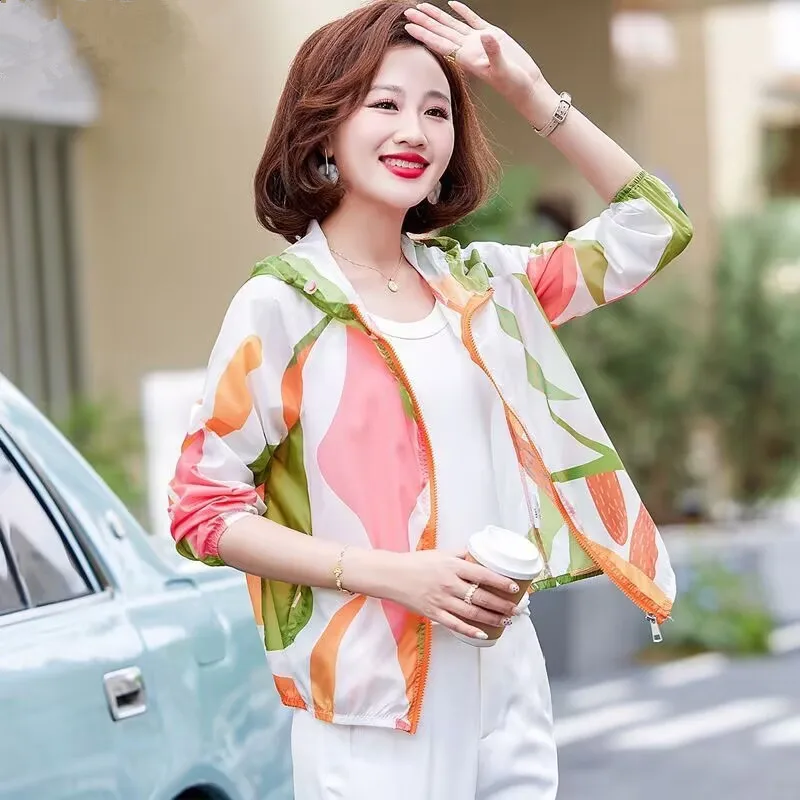 2025 NEW Summer Fall Thin Coat Jacket Print Hooded Sun Protection Clothing Women's Sun Protection Outdoor Cycling Outerwear