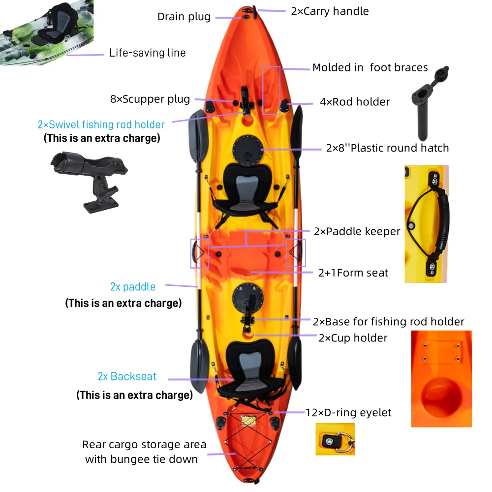 素敵な外観と実用的な耐久性を備えた、成形されたフットブレース付きの2人乗りパドルカヤック