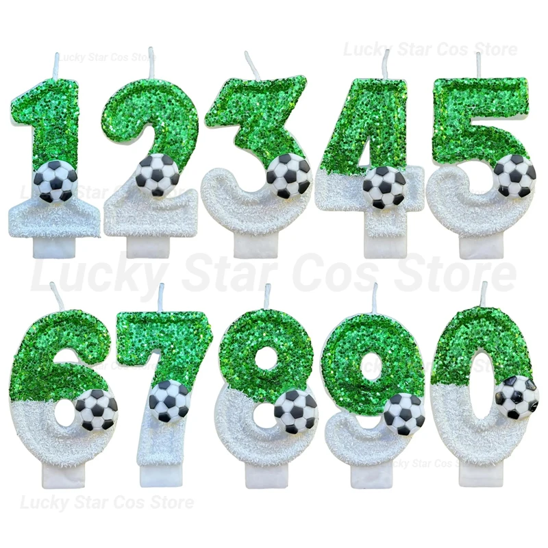 

New Kids Soccer Theme Number Candles 0-9 Green Sparkly Football Birthday Candles Cake Decor for Boys