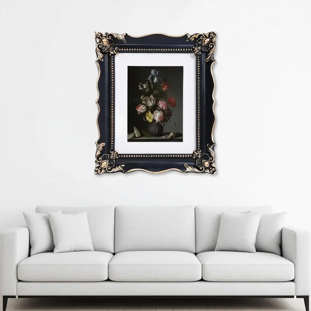 

Vintage Picture Frame with Lower Emed Design, Black for 8x10 or 5x7 Photos, Hand-Crafted Resin Antique or Tabletop & Wall Hangin