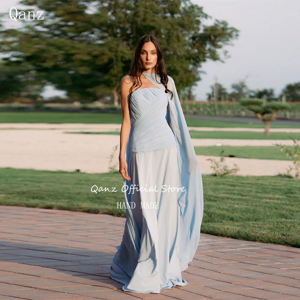 

Qanz Modest Chiffon Evening Dresses Women Long A Line Sky Blue Robes De Soirée With Cloak Strapless Party Dresses Customized