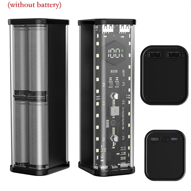 22.5W Power Bank Case For 8x 21700 Flat Batteries With PD 20W Fast Charge Dual Output Transparent DIY Shell Black