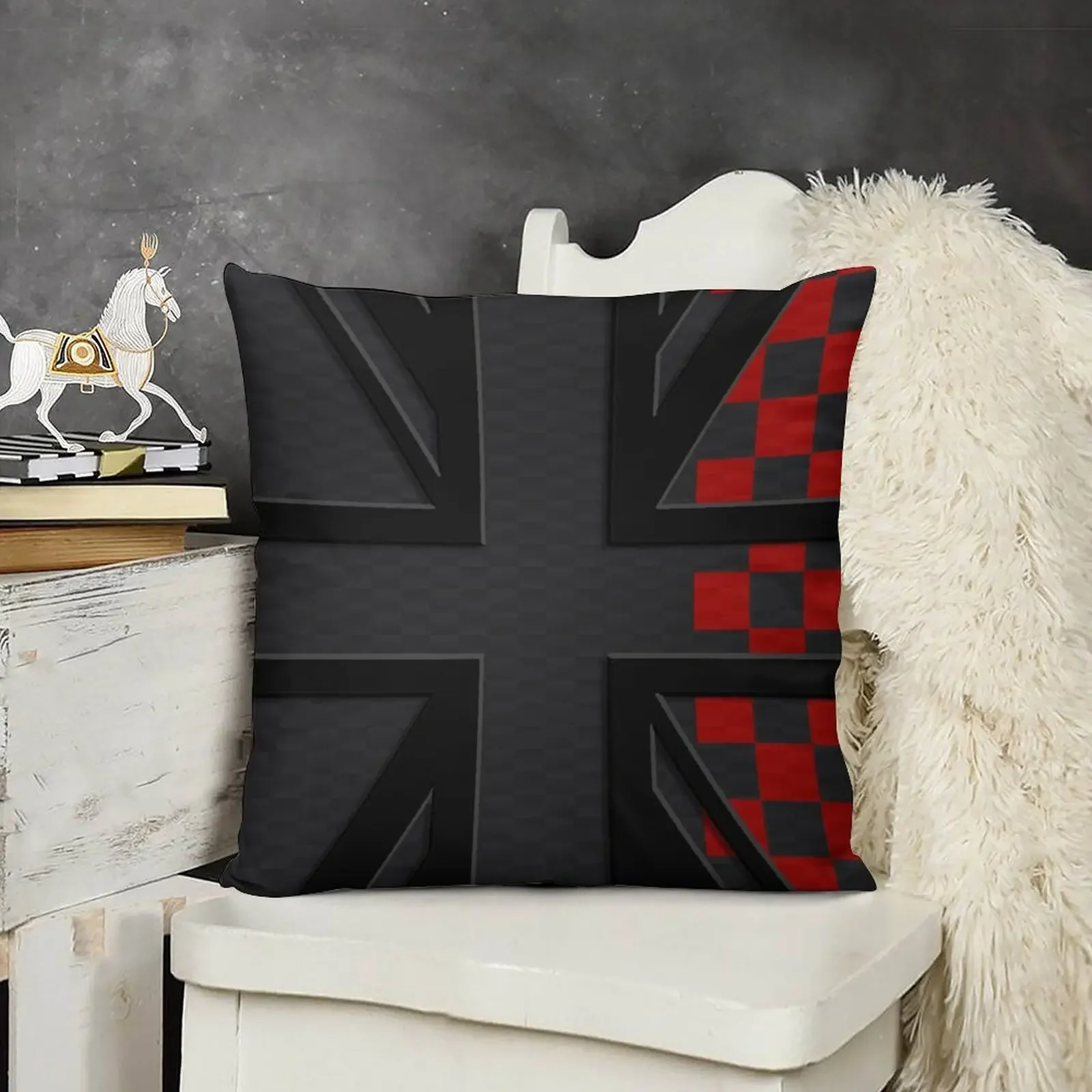 Midnight Black Union Jack Carbon Black Gray Red Checkered Mini Cooper 3D British Flag Throw Pillow