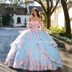 Mexico 15 Quinceanera Dresses 2024 Blue Pink Strapless Chapel Train Poncho 3D Lace Applique Corset vestidos quinceañeras