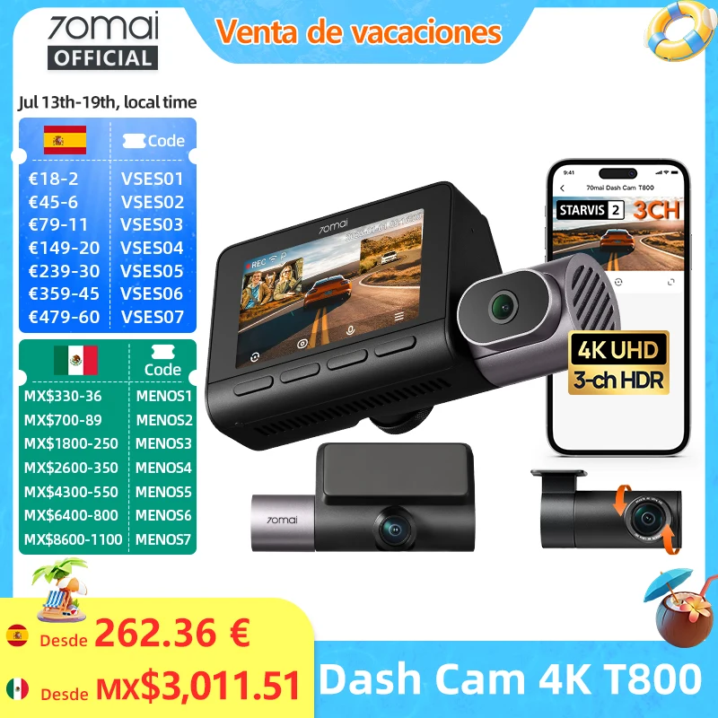 70Mai Dash Cam 4K T800 Supercondensador Hdr De 3 Canales Registro De Cabina Delantera Trasera Gps Coche Dvr 70Mai T800 24H Soporte De Protección De Estacionamiento 4G — -54%, 309.84€ Coupon, from 260.45€ – 54% descuento – €260.45