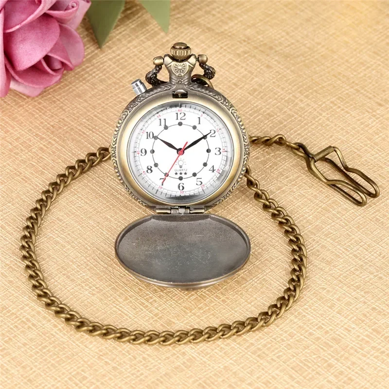Bronze LED Light Clock Train Locomotive Men Women Quartz Analog Pocket Watch Arabic Numerals Display Pendant Chain Gift